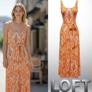 LOFT Paisley Maxi Dress In Tangerine w Self Belt Size Large EUC
